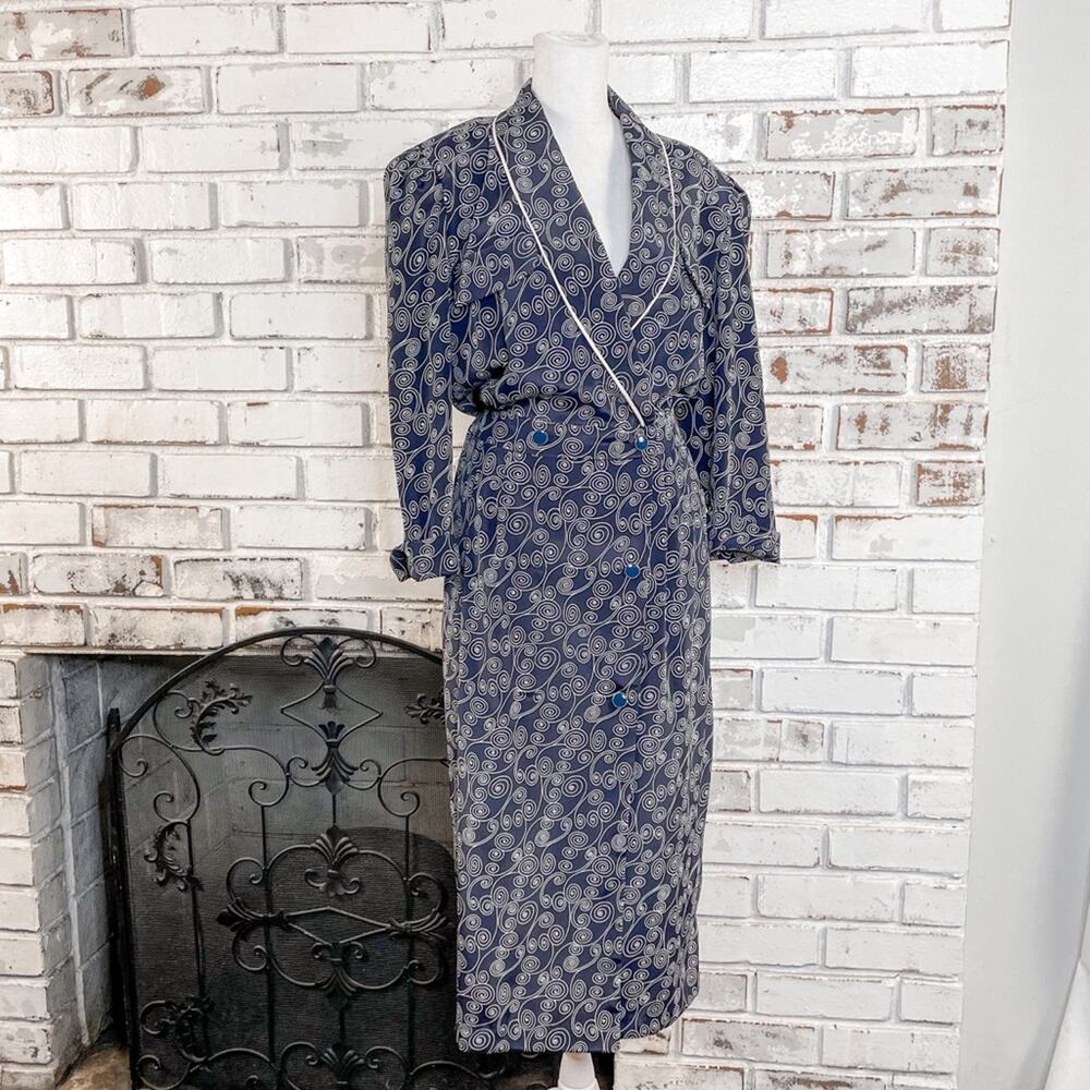 Vintage 90s Liz Roberts Navy White V-neck Wrap Swirl Pattern Midi Dress Size 14